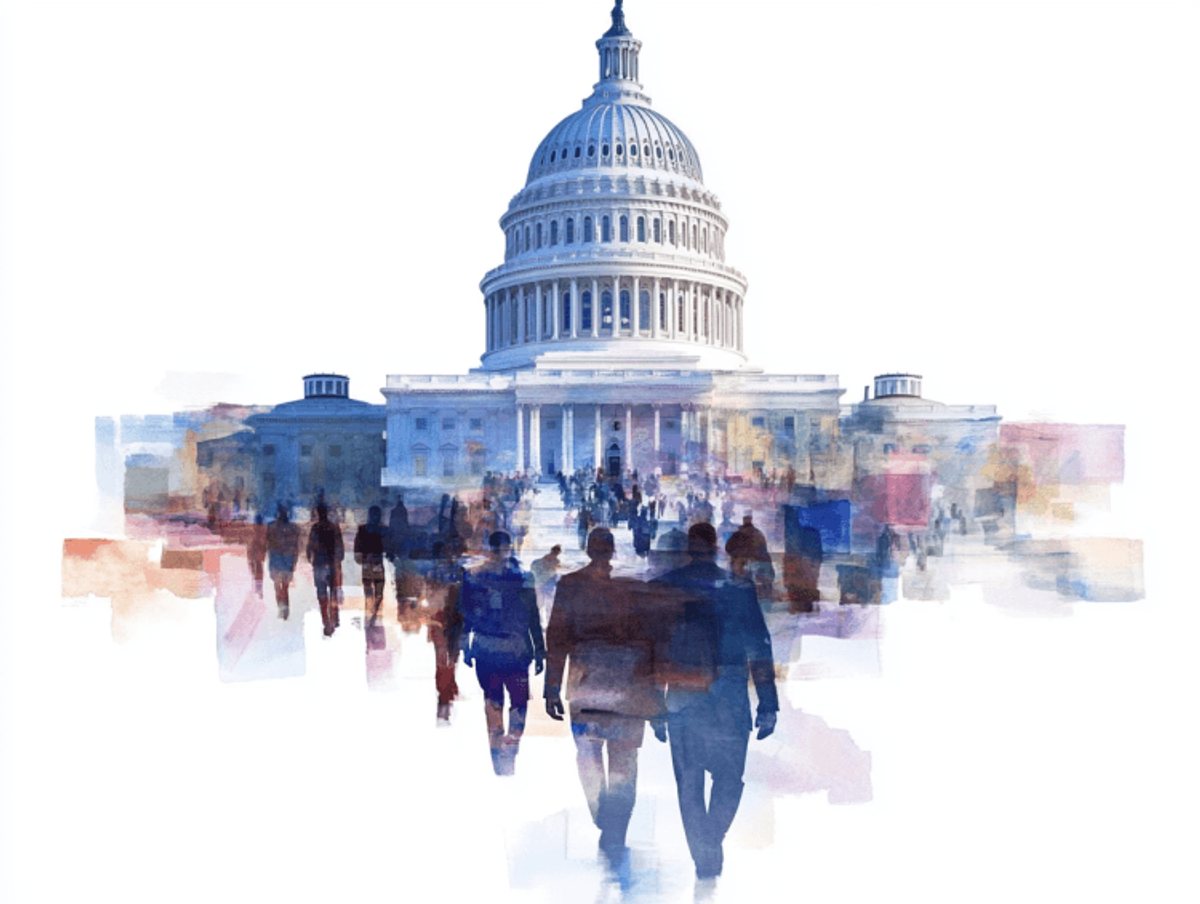 Watercolor illustration of US Capitol with people walking.