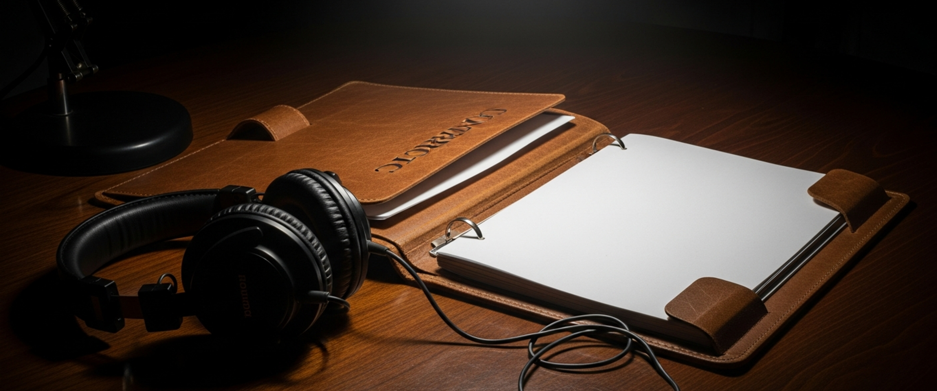 Legal contract beside studio headphones on dark desk — choosing between entertainment lawyers and music managers for career decisions