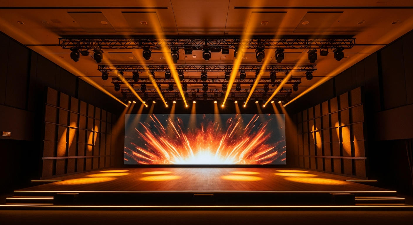 Corporate event stage with warm production lighting
