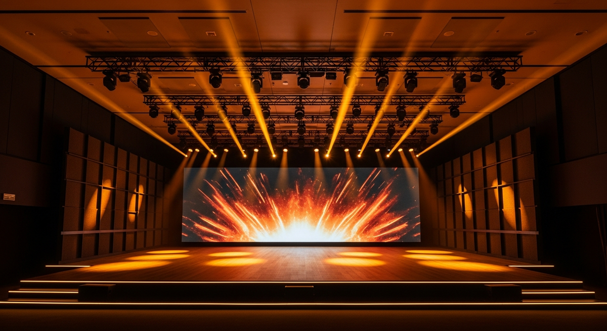 Corporate event stage with warm production lighting
