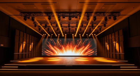 Corporate event stage with warm production lighting