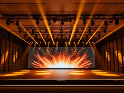 Corporate event stage with warm production lighting