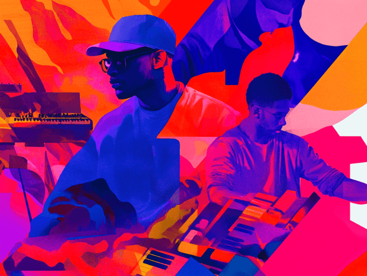 Colorful abstract musicians with keyboard instruments.
