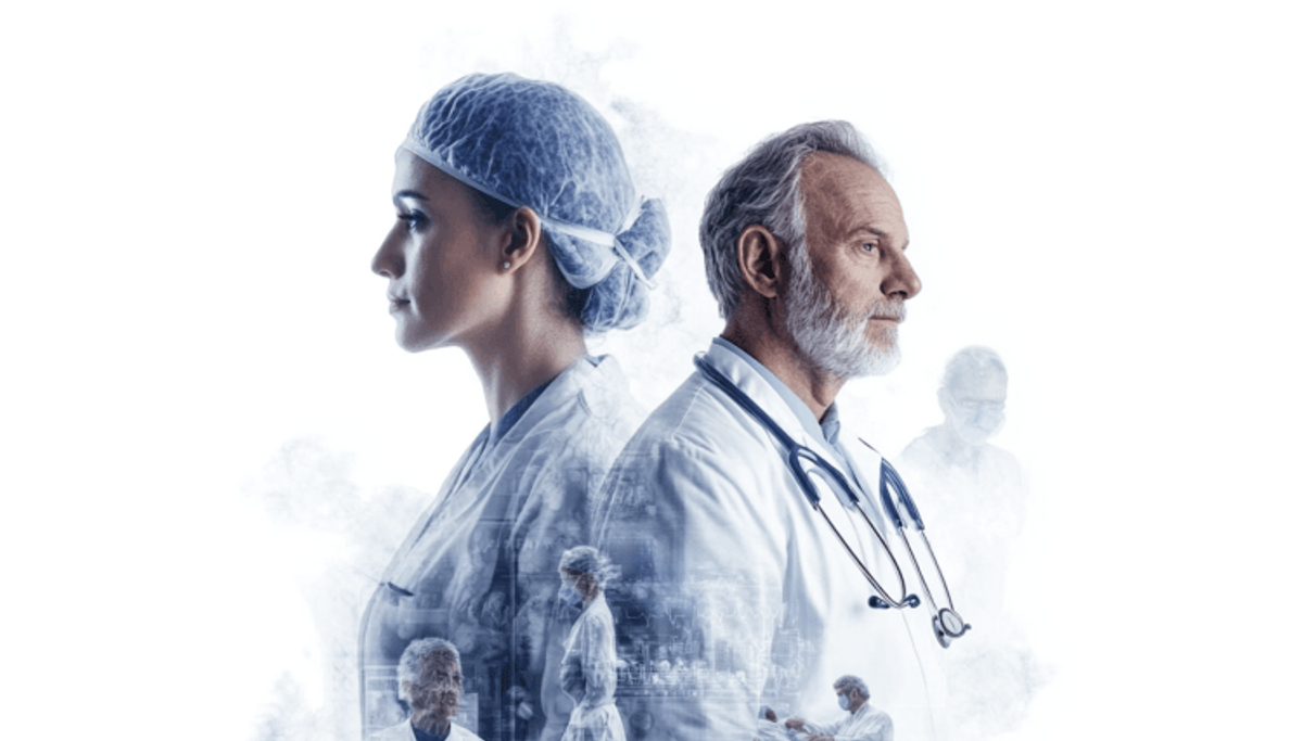 Healthcare professionals back-to-back, medical-themed composition.