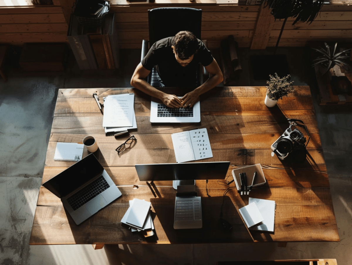 Man working on laptop at wooden desk