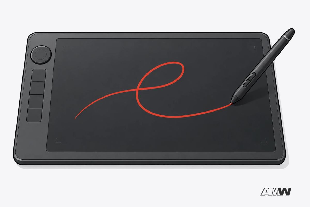 A graphics tablet with a stylus drawing a looping line across it