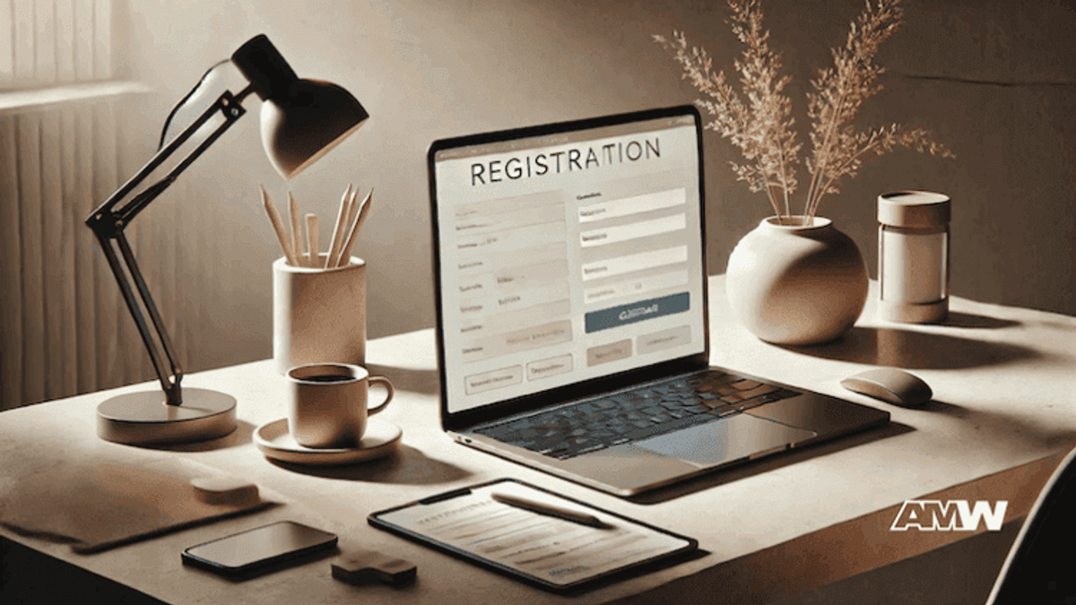Laptop on desk, registration form open.