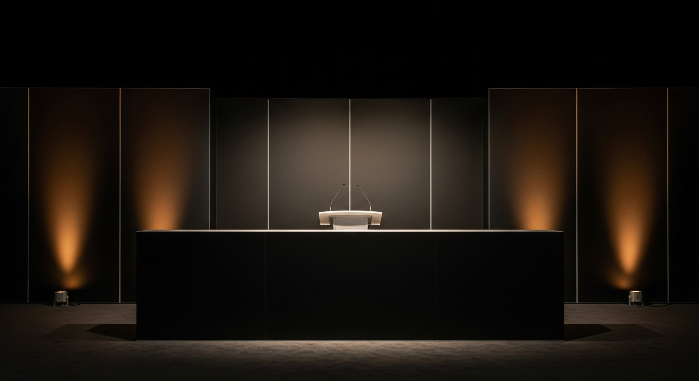 Premium conference sponsorship booth with modern podium and accent lighting
