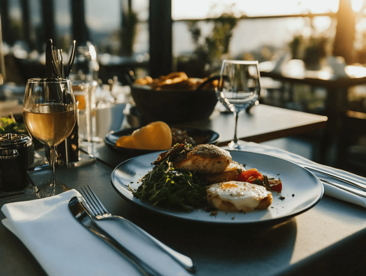 Sunlit outdoor dining with wine and gourmet meal.