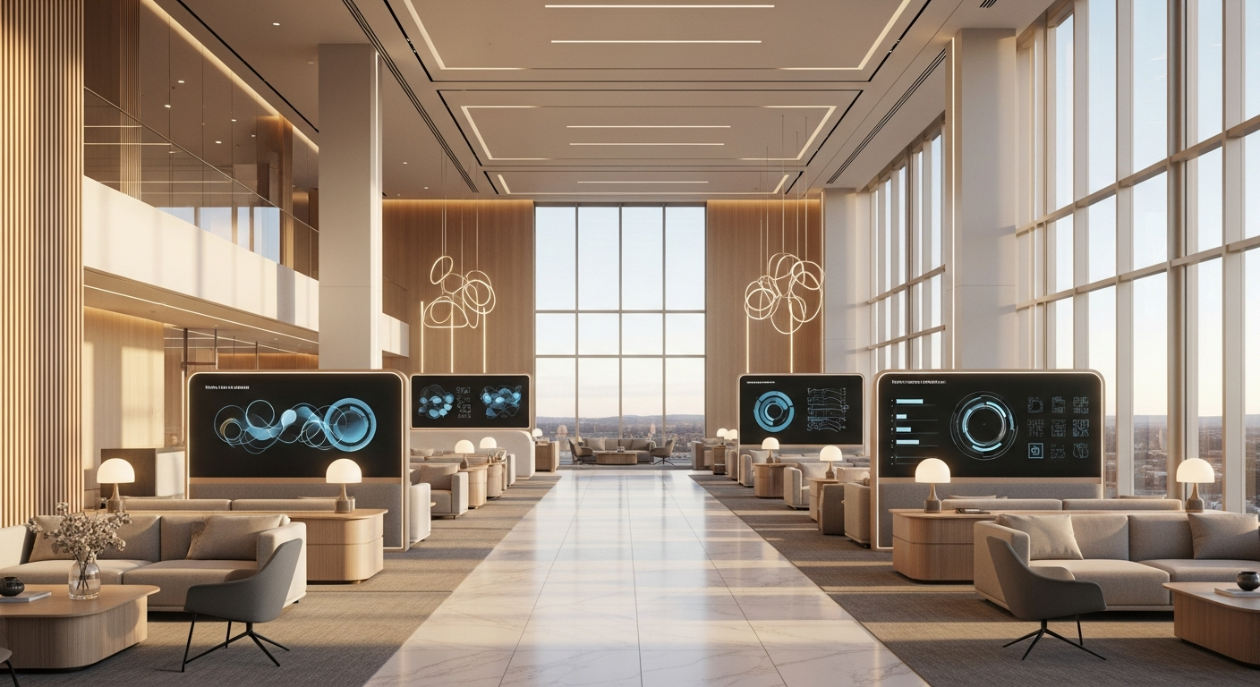 Modern tech company headquarters lobby with sleek minimalist design