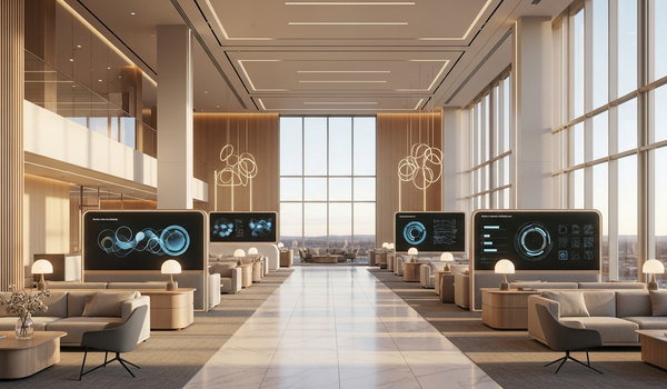 Modern tech company headquarters lobby with sleek minimalist design