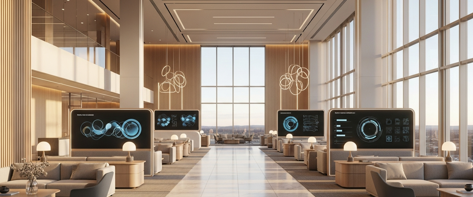 Modern tech company headquarters lobby with sleek minimalist design