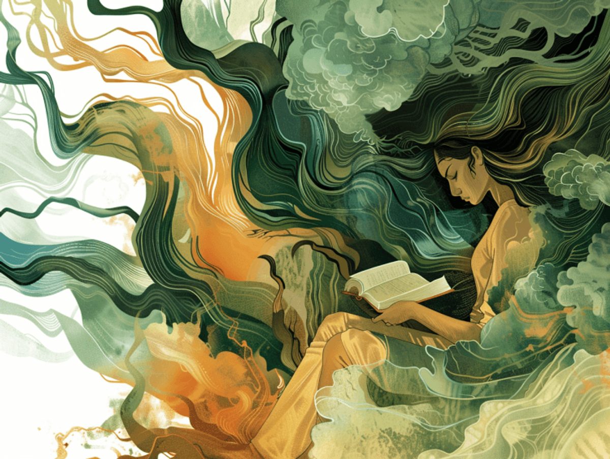 Illustration of person reading amidst swirling colors.