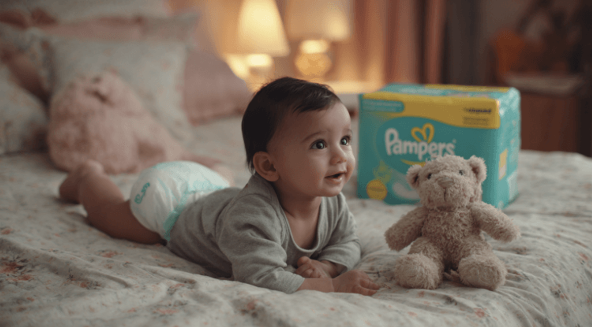 Baby on bed with diaper and teddy bear