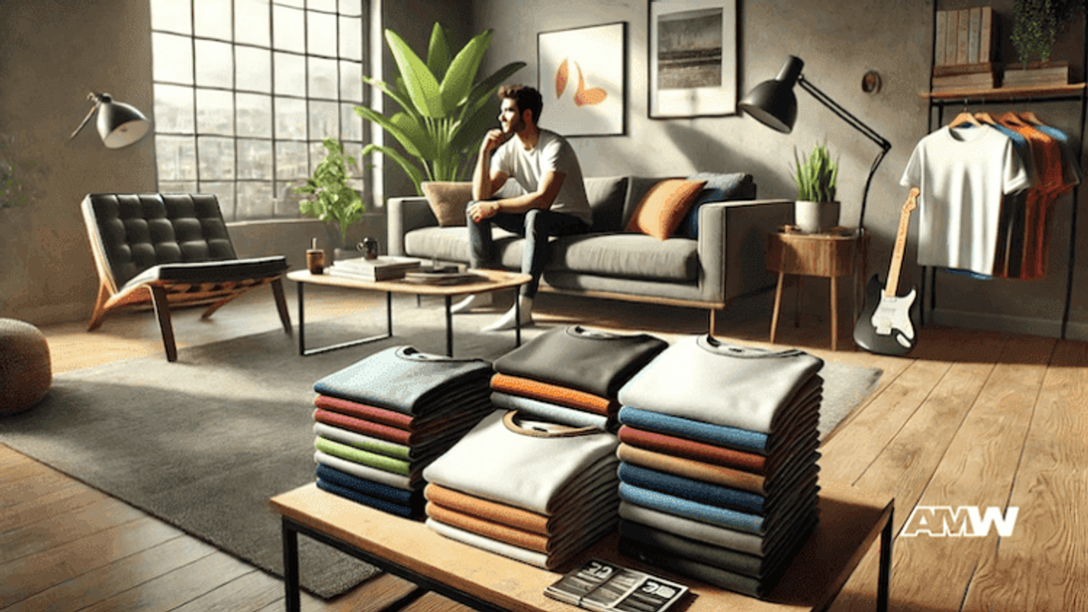 Man sitting, folded clothes on table.