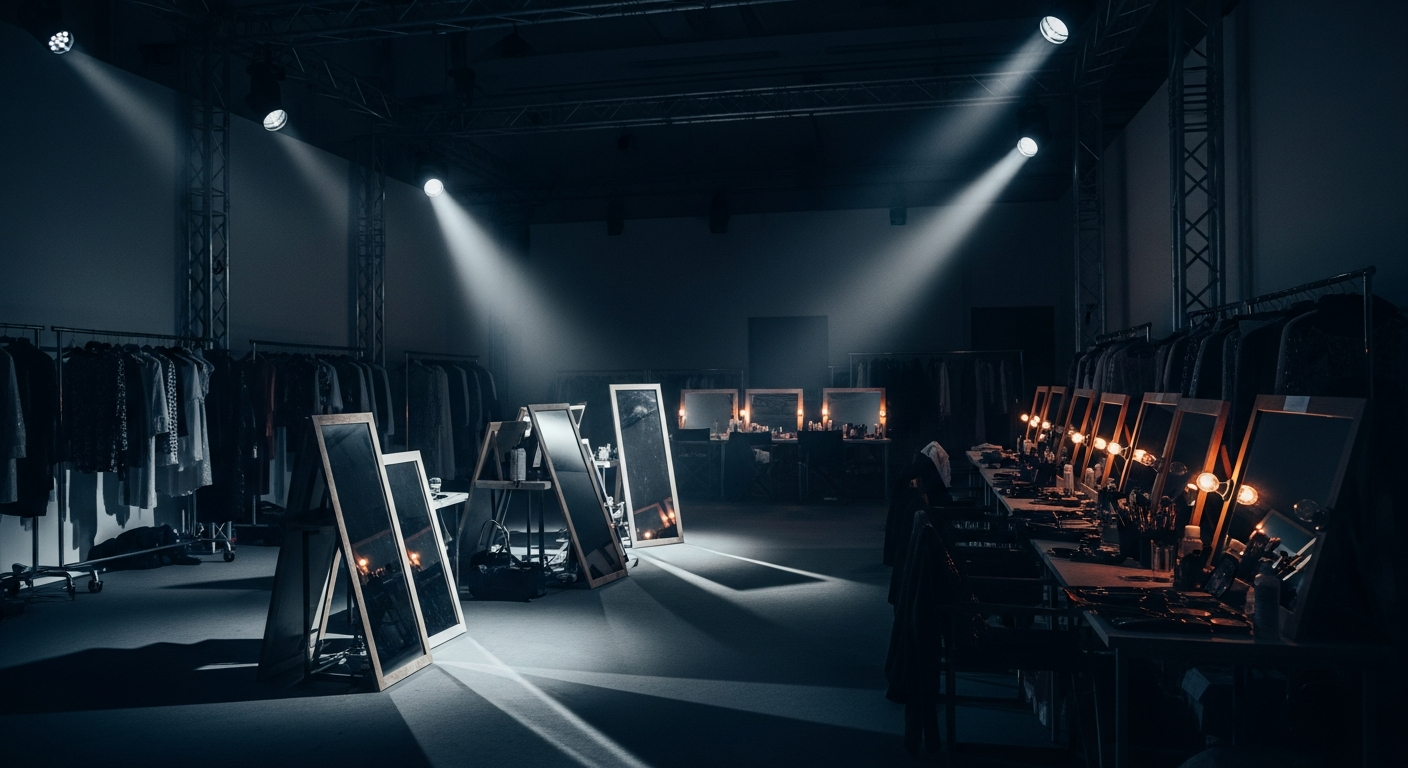 Fashion runway backstage with designer garments and dramatic lighting