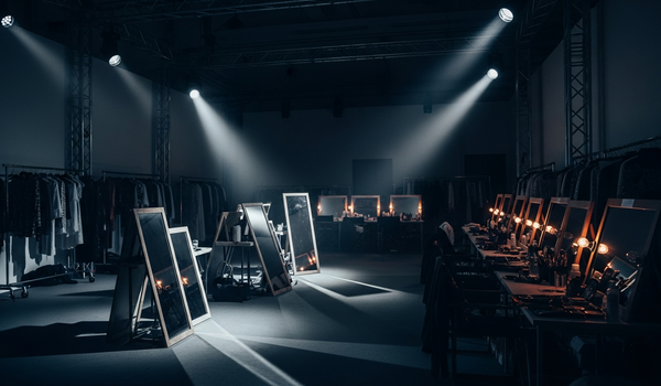 Fashion runway backstage with designer garments and dramatic lighting