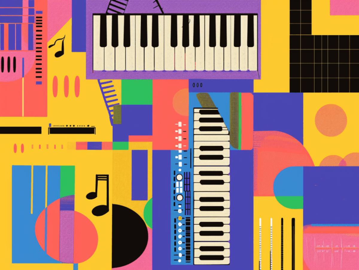 Colorful abstract keyboards and musical notes on yellow background
