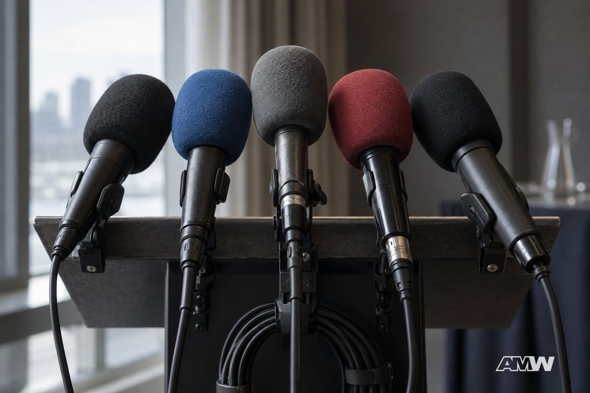 Five microphones with colorful foam windscreens mounted on a lectern near a window.