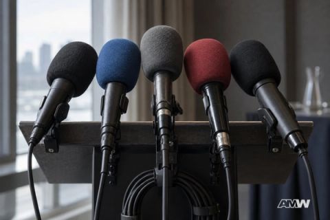 Five microphones with colorful foam windscreens mounted on a lectern near a window.