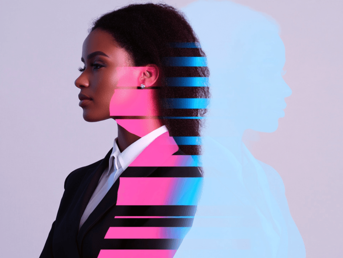 Profile of woman with digital glitch effect.