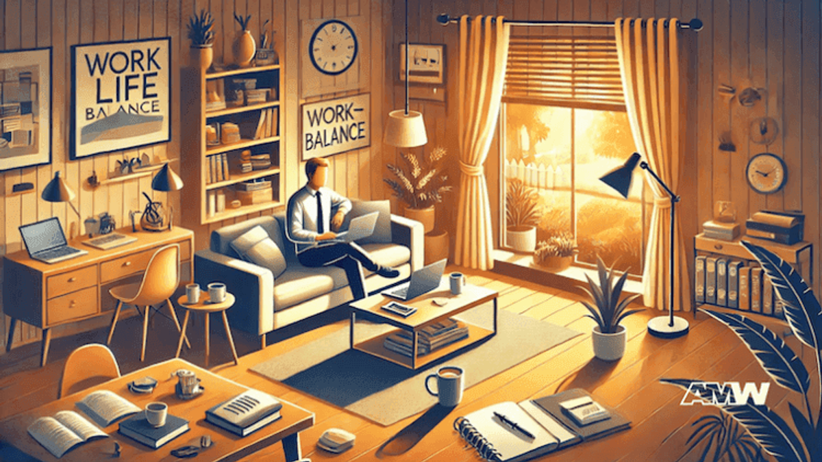 Cozy home office with work-life balance posters.