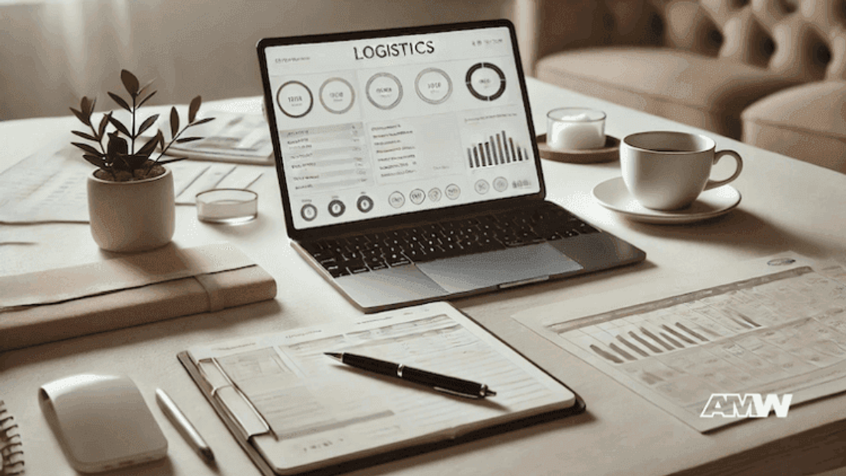 Office desk with logistics charts on laptop
