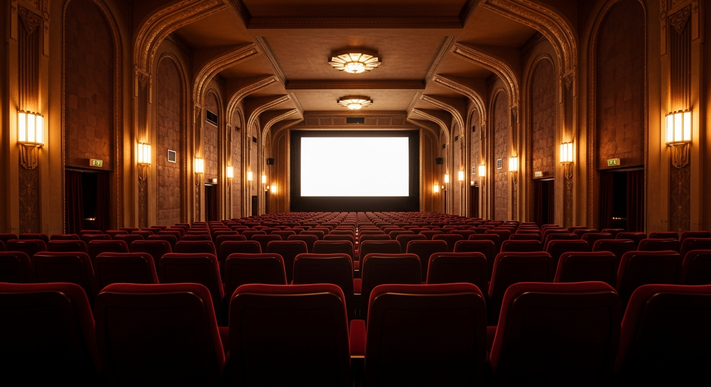 Classic cinema interior with red velvet seats and Art Deco lighting - film and box office statistics