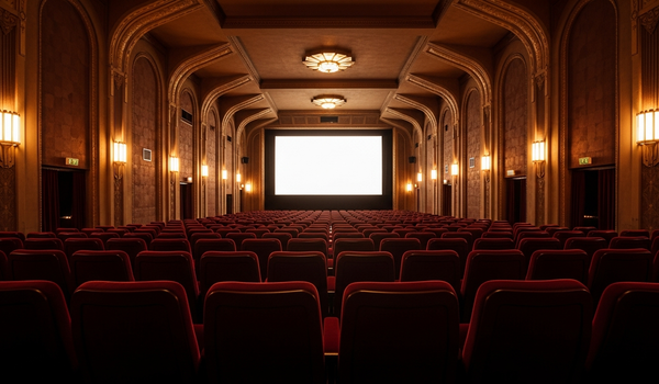 Classic cinema interior with red velvet seats and Art Deco lighting - film and box office statistics