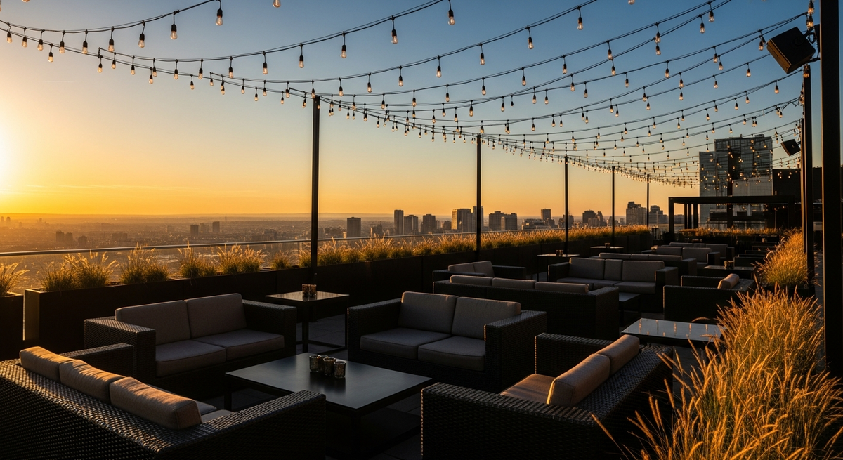 Luxury rooftop event terrace with dark furniture and string lights overlooking city skyline at golden hour
