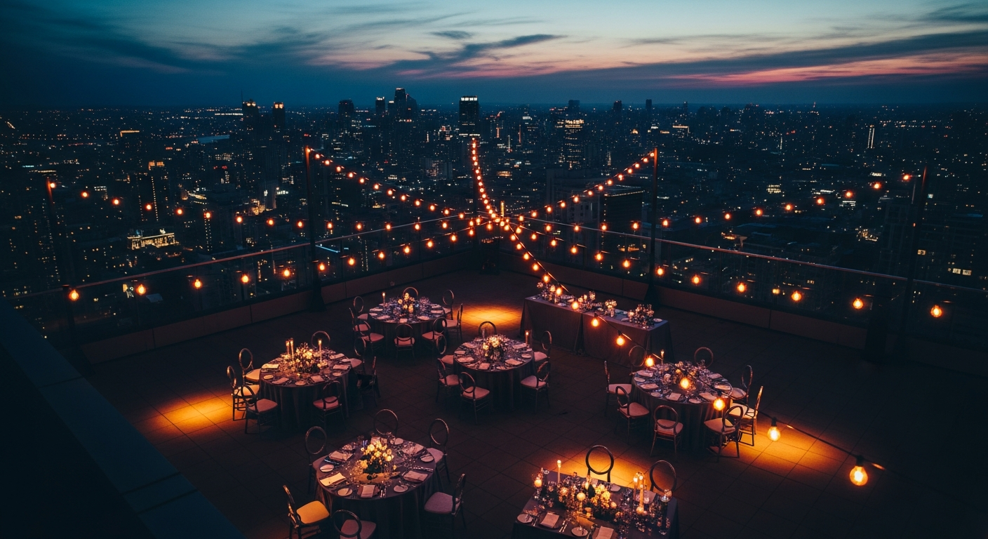 Elegant outdoor event setup at dusk on hotel terrace with city skyline — comparing destination management companies and event planners
