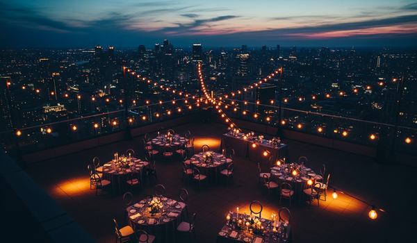 Elegant outdoor event setup at dusk on hotel terrace with city skyline — comparing destination management companies and event planners
