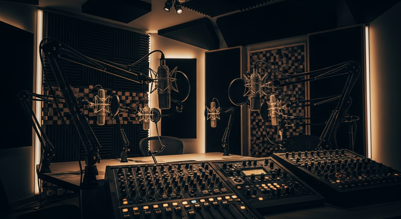 Professional podcast studio with microphones, acoustic treatment, and audio equipment