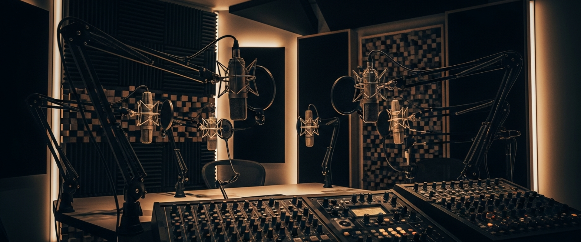 Professional podcast studio with microphones, acoustic treatment, and audio equipment