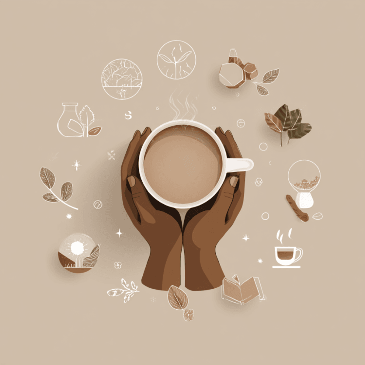 Hands holding coffee cup with nature symbols