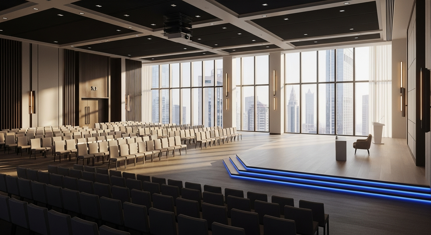 Modern conference hall with premium seating and city skyline view — best conference event planners