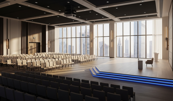 Modern conference hall with premium seating and city skyline view — best conference event planners