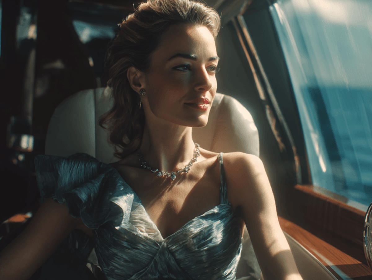 Elegant woman in private jet, daytime