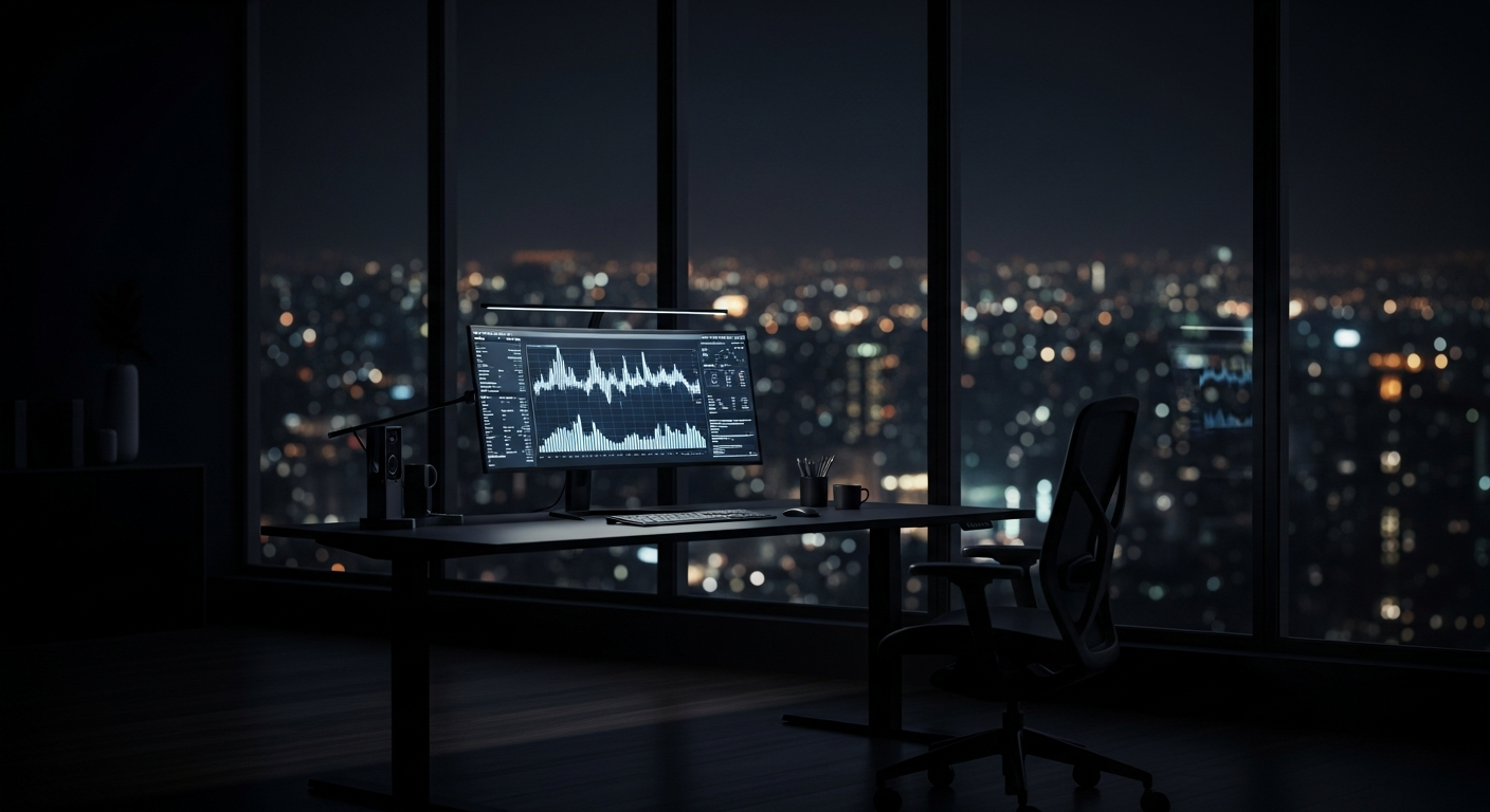 Executive office at night with monitor displaying digital PR analytics and city skyline