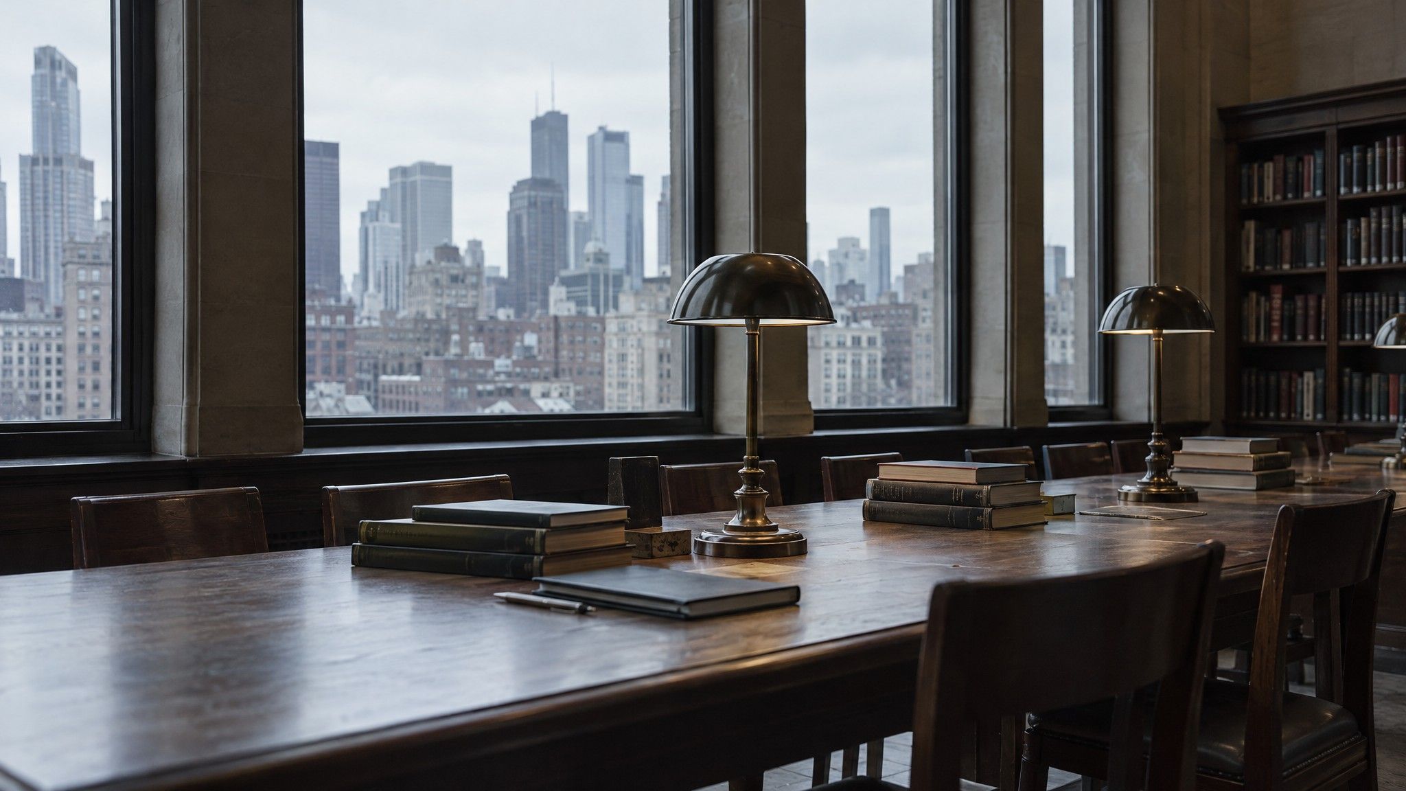 Library table with hardback books and a notebook by tall windows