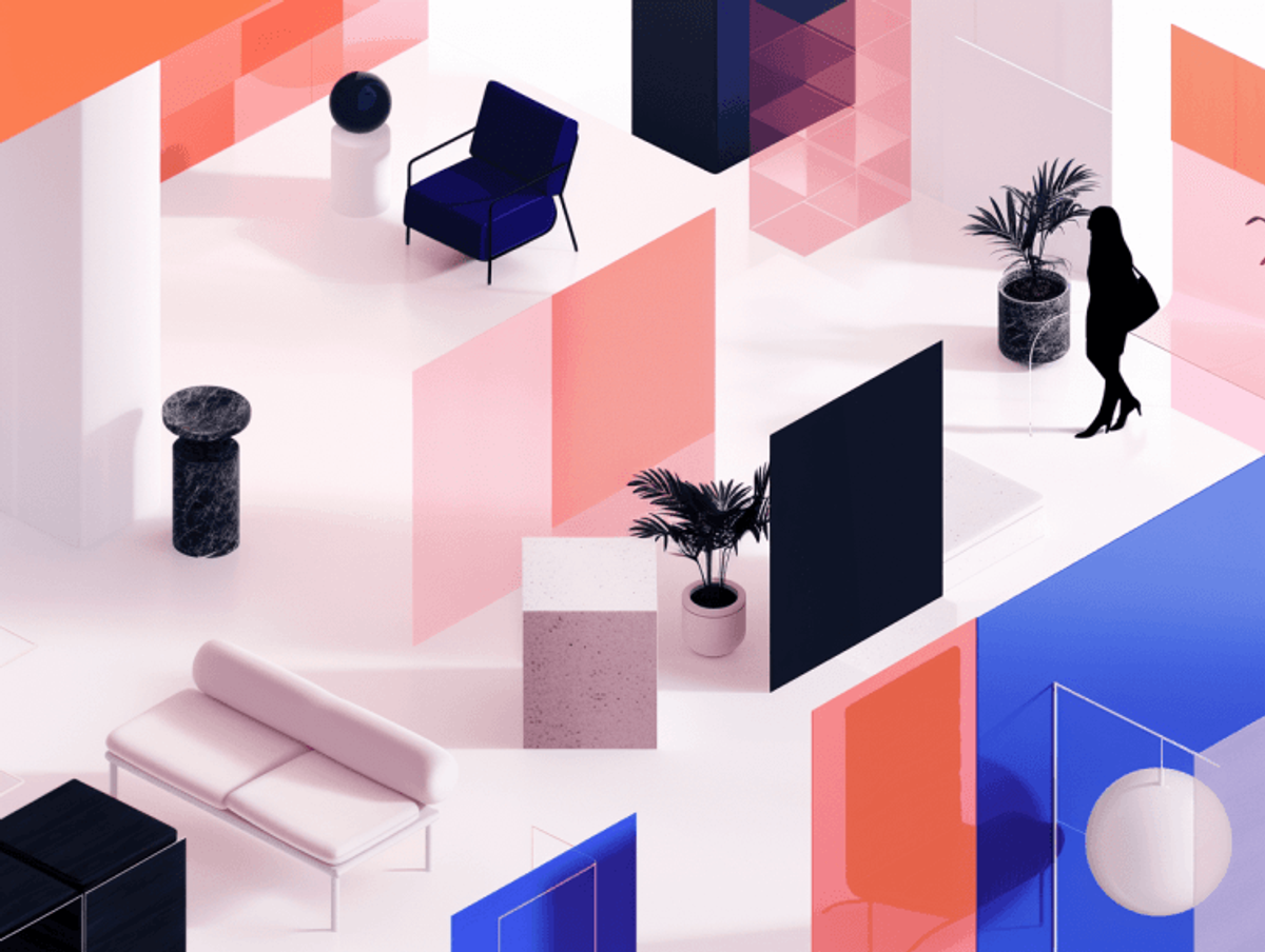 Abstract modern interior with colorful geometric decor.