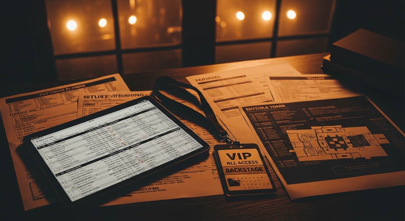 Concert touring budget planning documents with backstage setting