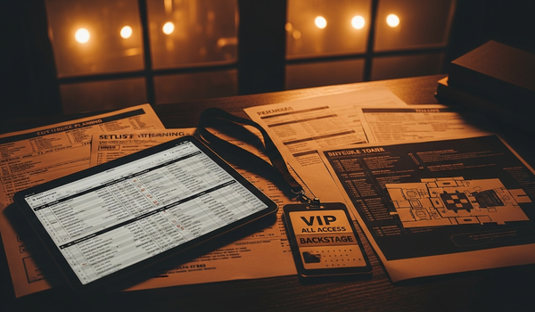 Concert touring budget planning documents with backstage setting