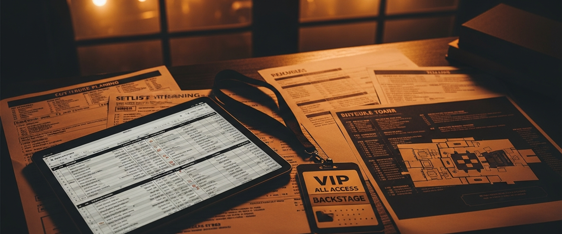 Concert touring budget planning documents with backstage setting