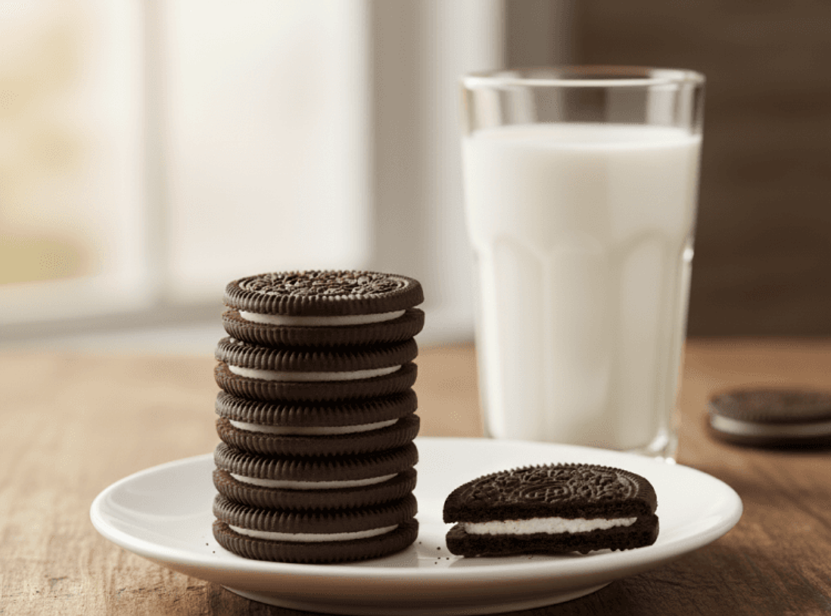 Stacked chocolate cookies with glass of milk.