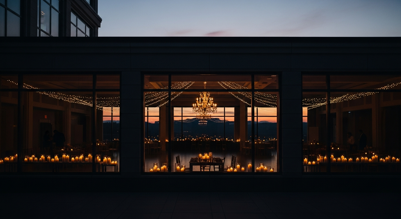 Elegant event venue at dusk with warm interior lighting