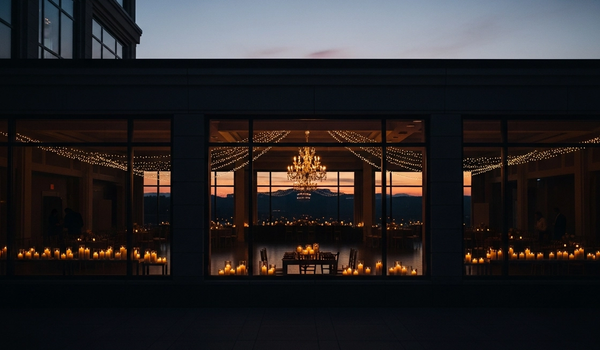 Elegant event venue at dusk with warm interior lighting