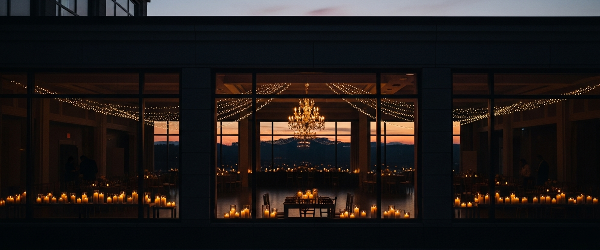 Elegant event venue at dusk with warm interior lighting