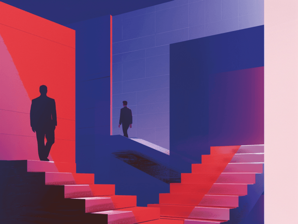 Abstract architecture with figures on red stairs.