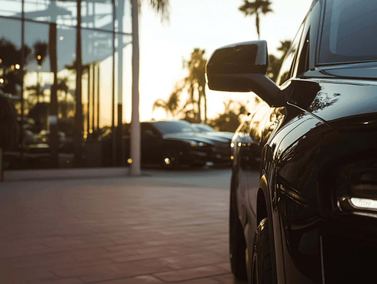 Sleek car parked at sunset near glass building.